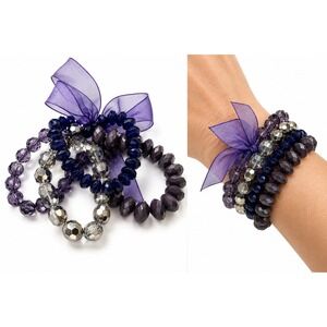 Beaded Bracelet Set Womens OS Purple Navy Gray Faceted Stretch Stackable Bow 4PC